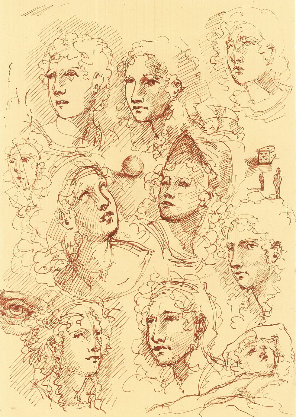 Disegno d'arte originale di Luca Ferraro N5, composizione figurativa con studi di figure e dettagli anatomici, inchiostro su