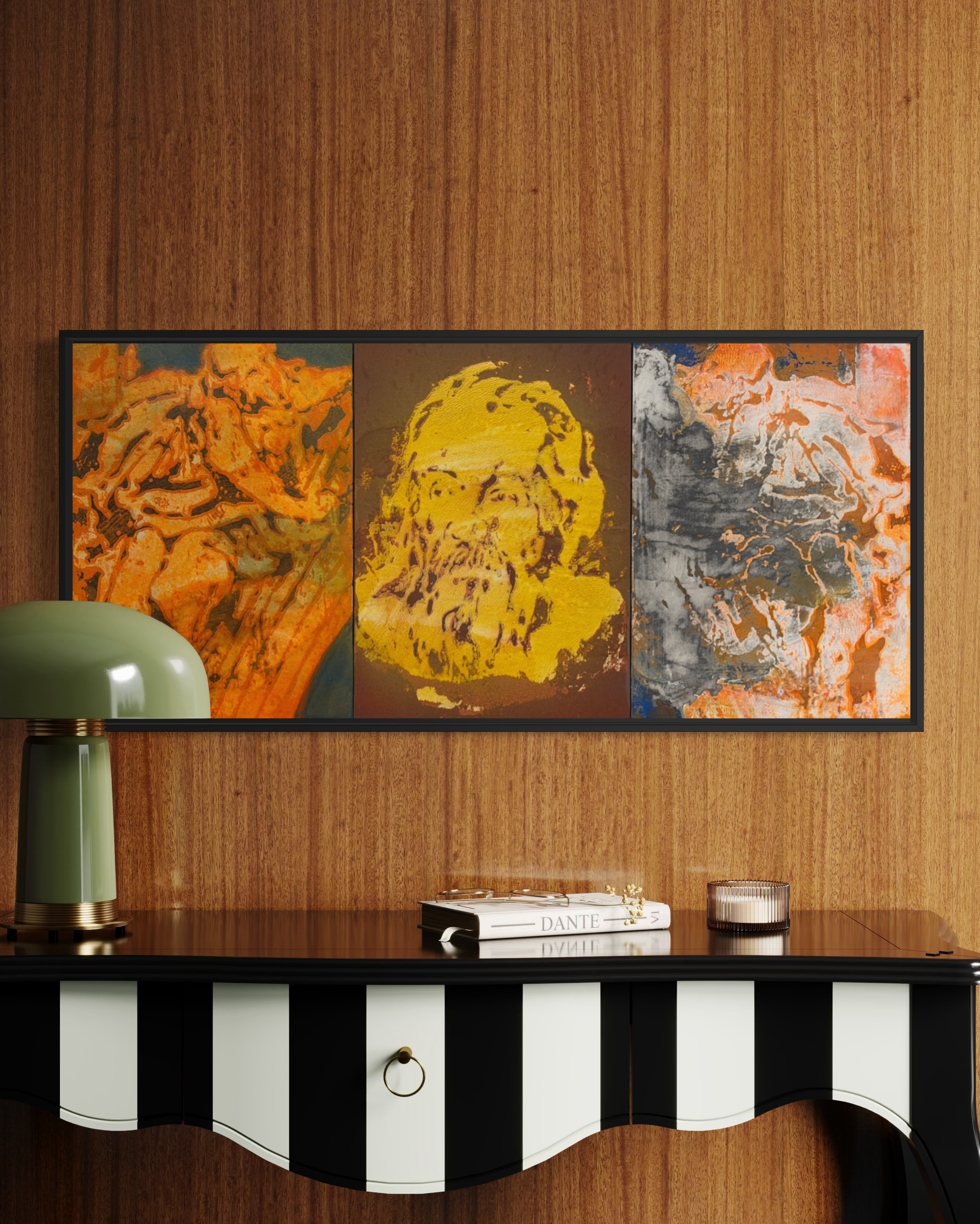 Paolo Baratella, Galileo, trittico a olio su tela 35x75 cm, ritratto centrale giallo dello scienziato con composizioni materi