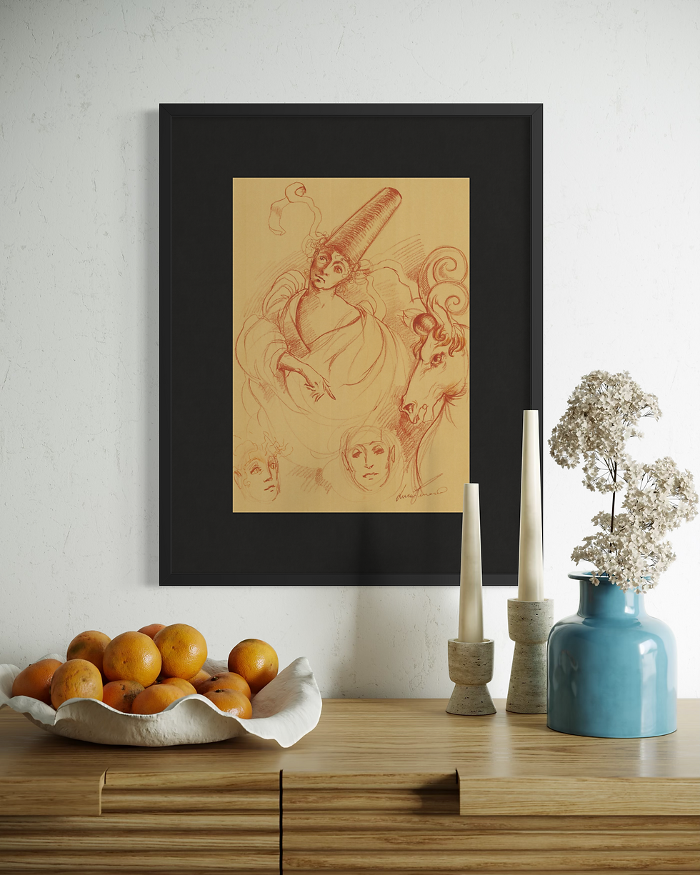 Disegno d'arte originale di Luca Ferraro N19, composizione figurativa con studi di figure umane e suggestioni fantastiche, te