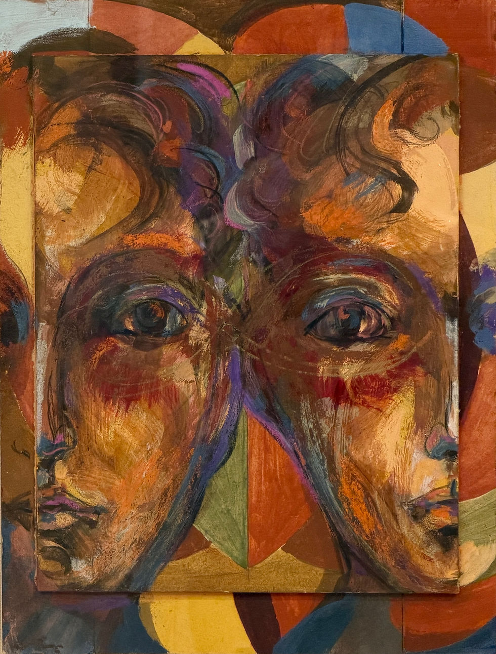 Bruno Ceccobelli, Un eroe da un eroe, tecnica mista su cartone del 1998, 24x32 cm, due volti speculari dipinti su pannelli so