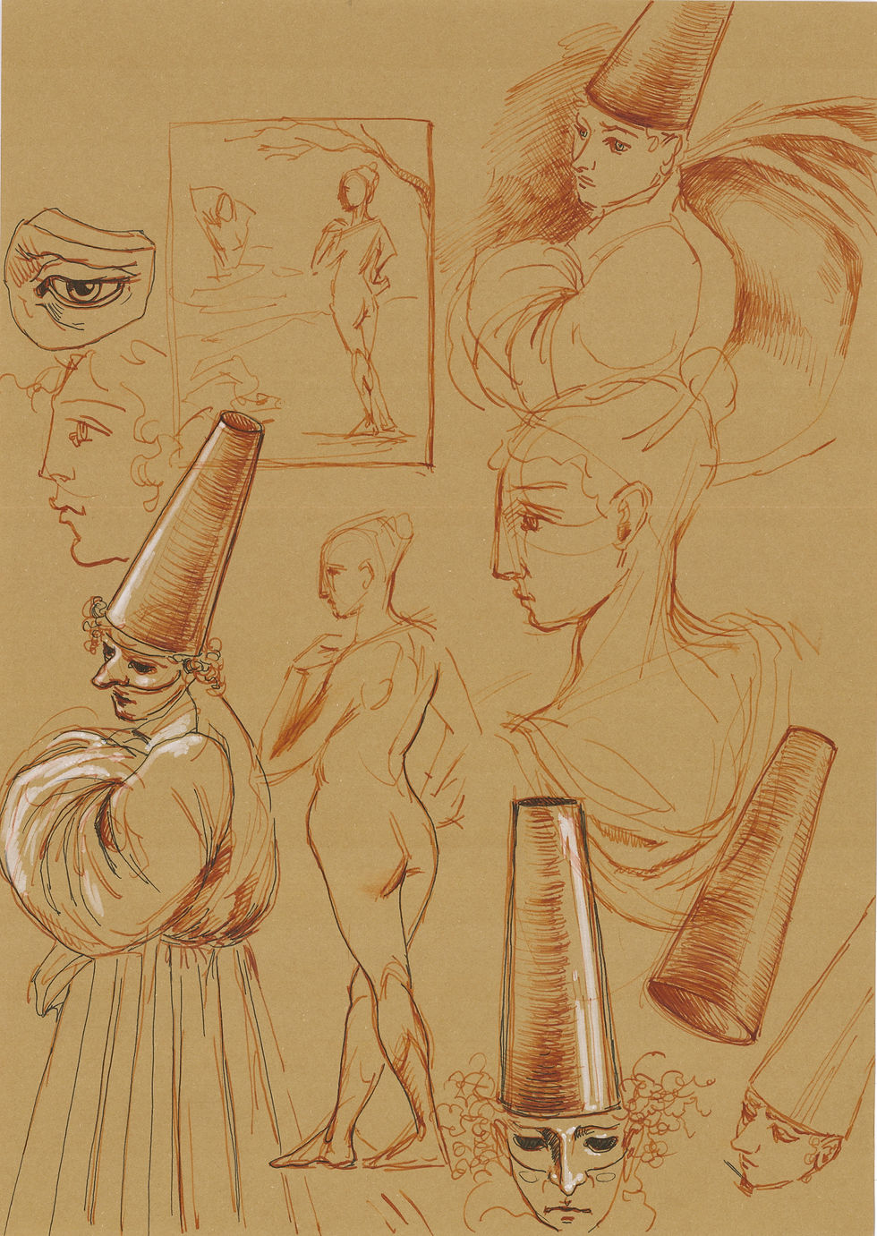 Disegno d'arte originale di Luca Ferraro N24, composizione figurativa con studi di volti e figure umane, inchiostro su carta