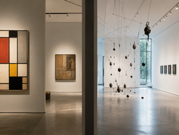 Visitatori osservano opere in una galleria d'arte contemporanea