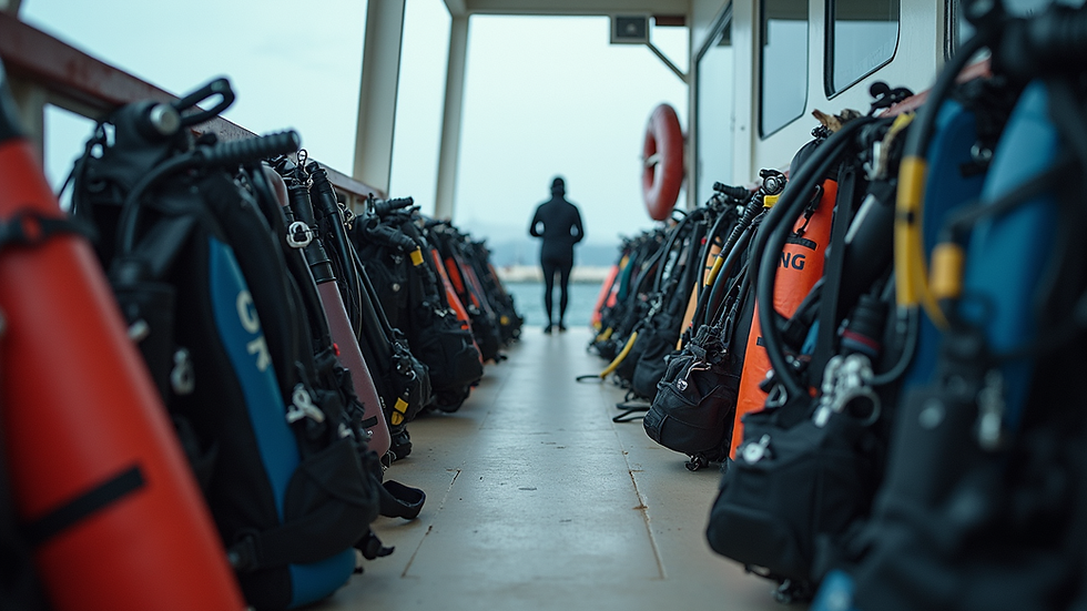 Eye-level view of scuba gear neatly arranged on a boat deck