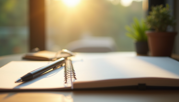 Close-up view of a journal and pen on a wooden table with soft morning light