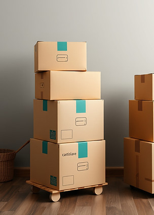 create a picture of nicely stacked moving boxes next to a wheeled dolly.jpg