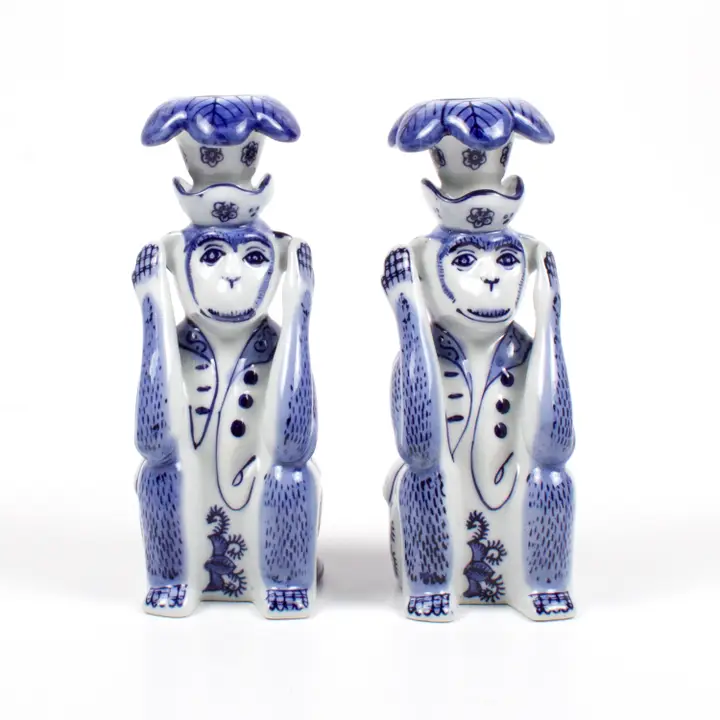 Blue Chinoiserie Monkey Candlestick Set Of 2