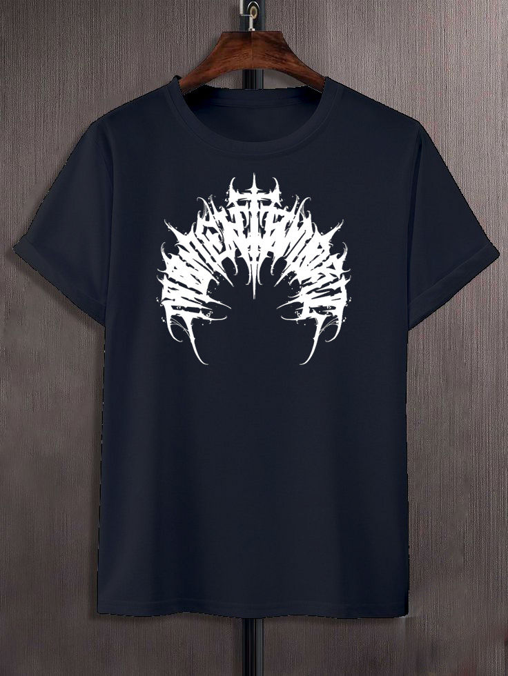 Thumbnail: Black t-shirt with white gothic tribal calligraphy abstract design by The Waterlily Co