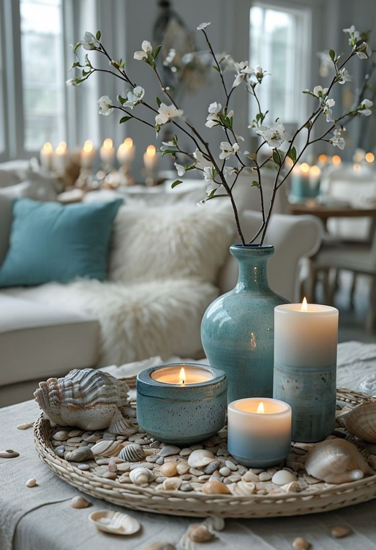 Coastal Cozy Living Room with Candlelight and natural elements