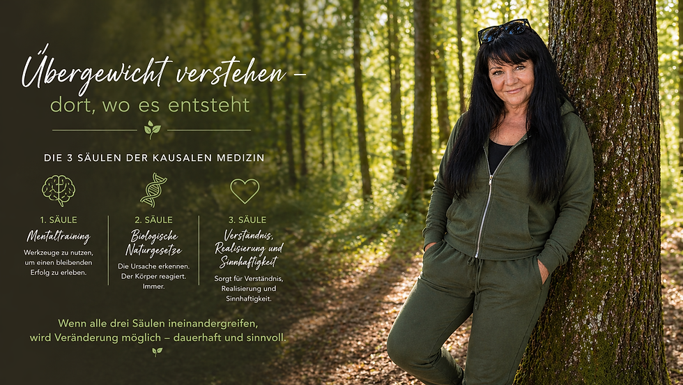 Nada-Elisa im moosgrünen Jogginganzug lehnt entspannt an einem Baum im Wald, Blick ruhig und präsent, darüber Text zur kausalen Medizin und den drei Säulen im Zusammenhang mit Übergewicht.
