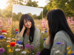 Frau sitzt in einer bunten Blumenwiese bei Sonnenlicht und blickt in ihre Spiegelung im Spiegel – Symbol für Selbstreflexion und innere Bewertung