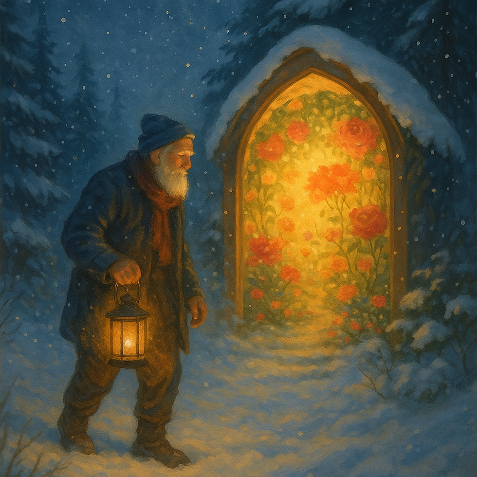 Älterer Mann mit Laterne im verschneiten Wald, der vor einem leuchtenden Tor zu einem Blumengarten steht – symbolisches Märchenbild über Alzheimer und Erinnerungen.“