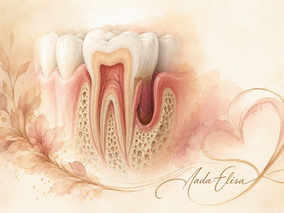 Anatomische Darstellung eines Zahnes mit Zahnfleischtasche im Aquarellstil. Die Illustration zeigt Zahnfleisch, Zahnhalteapparat und Kieferknochen in warmen Bordeaux- und Cremetönen als Symbol für das Verständnis von Zahntaschen in der Kausalen Medizin nach Nada-Elisa.