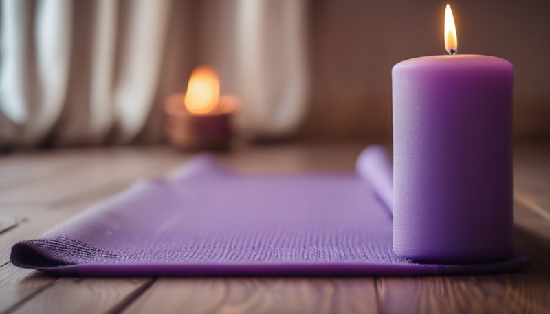 Entspannendes Ambiente mit Kerze Yoga Matte, einladend zum loslassen.