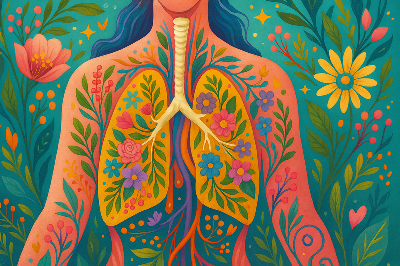 Künstlerische Illustration eines menschlichen Oberkörpers, in dem Organe und Adern als blühender Garten dargestellt sind – mit Blumen, Blättern und warmen Farben als Symbol für Gesundheit, Lebensenergie und innere Harmonie.
