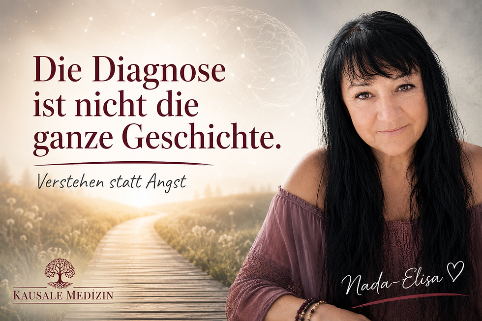 Porträt von Nada-Elisa vor einem hellen Weg im Licht. Titelbild zum Blogbeitrag „Gehirntumor verstehen – Die Diagnose ist nicht die ganze Geschichte“ aus der Kausalen Medizin.