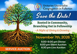 post card with tree and roots announcing save the date for the fall service auction