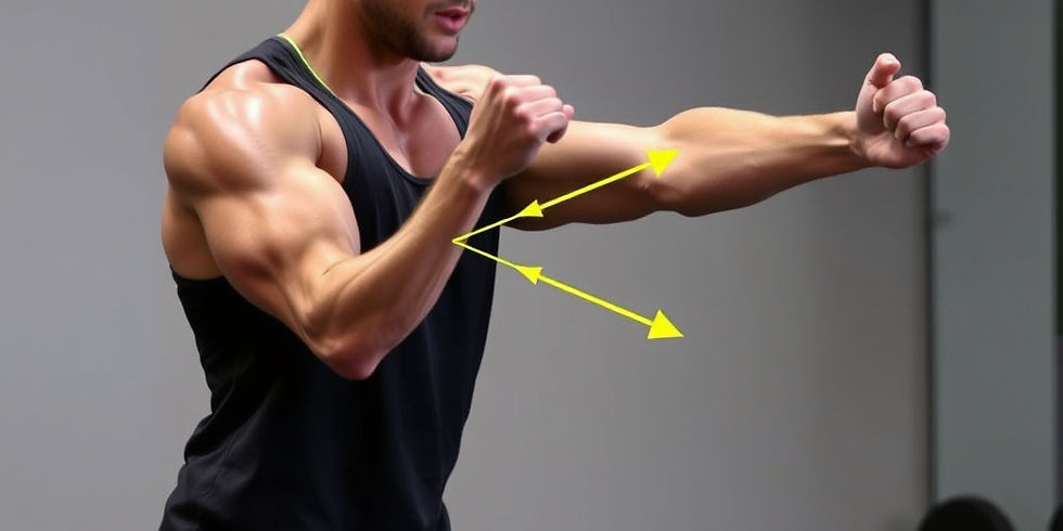 Man in black tank top flexes arm showing muscles, with yellow arrows highlighting movement. Grey gym background.