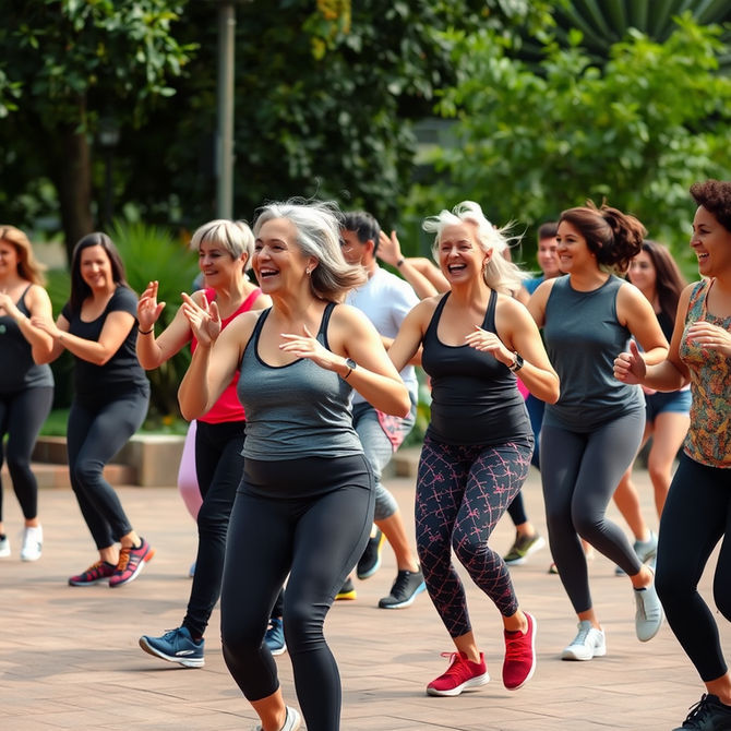 Group of people exercising joyfully outdoors, wearing colorful athletic wear. Lush green trees in the background set a lively mood.