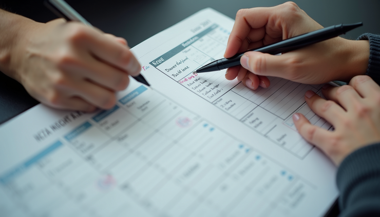 Eye-level view of a person adjusting workout plan on a calendar