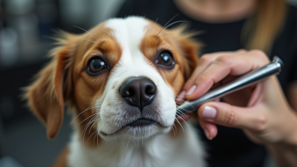 High angle view of a dog getting a gentle face trim at a grooming salon