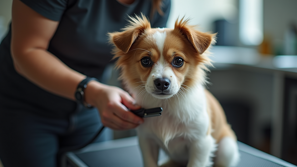 High angle view of a professional dog groomer trimming a small dog’s fur