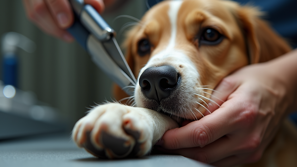Eye-level view of dog nails being trimmed carefully