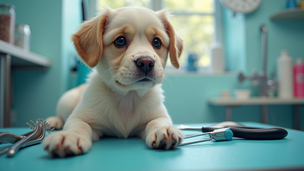 Eye-level view of a clean and organized pet grooming station with tools
