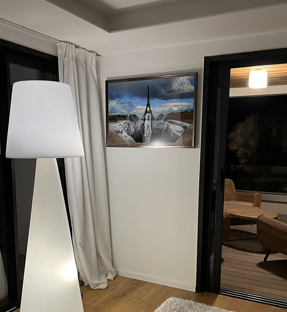 Giclée sur aluminium de JR, dans un salon contemporain.