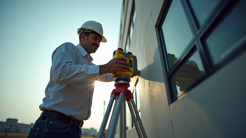 Eye-level view of a professional measuring a building's exterior with laser equipment