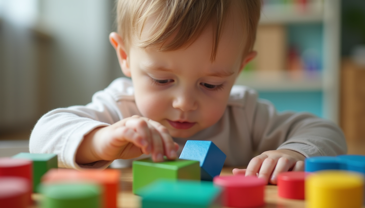 Vue rapprochée d’un enfant jouant avec des cubes colorés, symbolisant le développement du langage