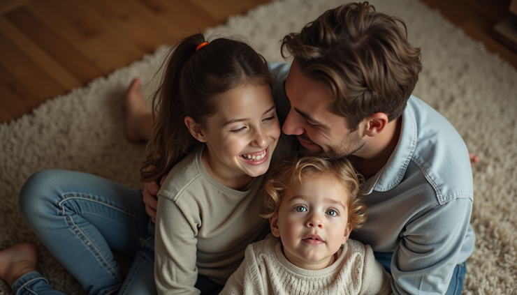 Vue en plongée d’un parent et d’un enfant assis ensemble, partageant un moment calme