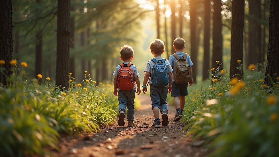 Eye-level view of children exploring a forest trail