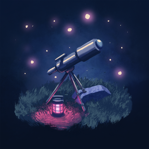A painted telescope in a grassy field with a rock and a red lamp, surrounded by stars.