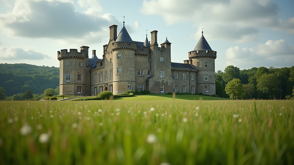 Eye-level view of a historic castle surrounded by green fields