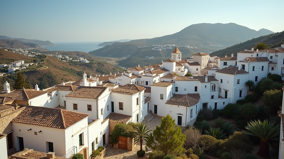 High angle view of historic whitewashed village in Costa del Sol hills