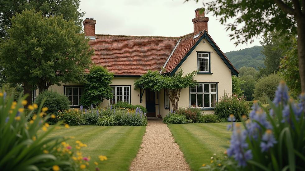 Wide angle view of a cosy countryside cottage with a garden