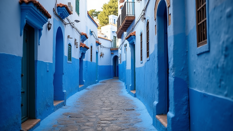 Eye-level view of blue-painted street in Chefchaouen, Morocco