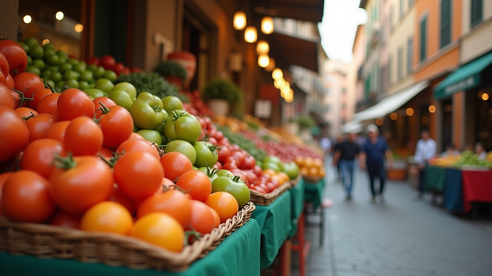 Close-up view of a colourful Italian street market with fresh produce