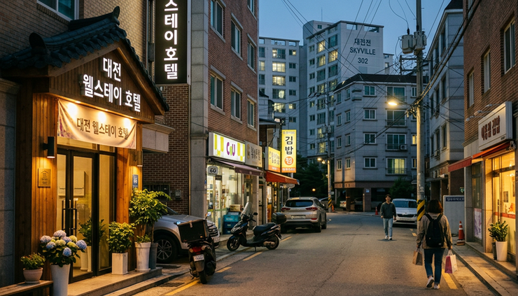 와이드 앵글로 본 대전의 저녁 주거 지역과 호텔 거리