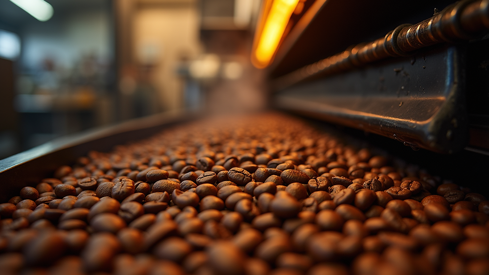 Eye-level view of artisan coffee beans being roasted in a small batch roaster