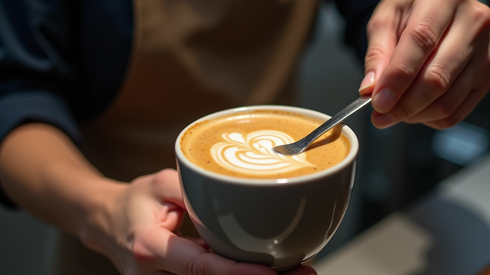 Close-up view of a barista preparing a latte with latte art at Koffee Geeks LLC