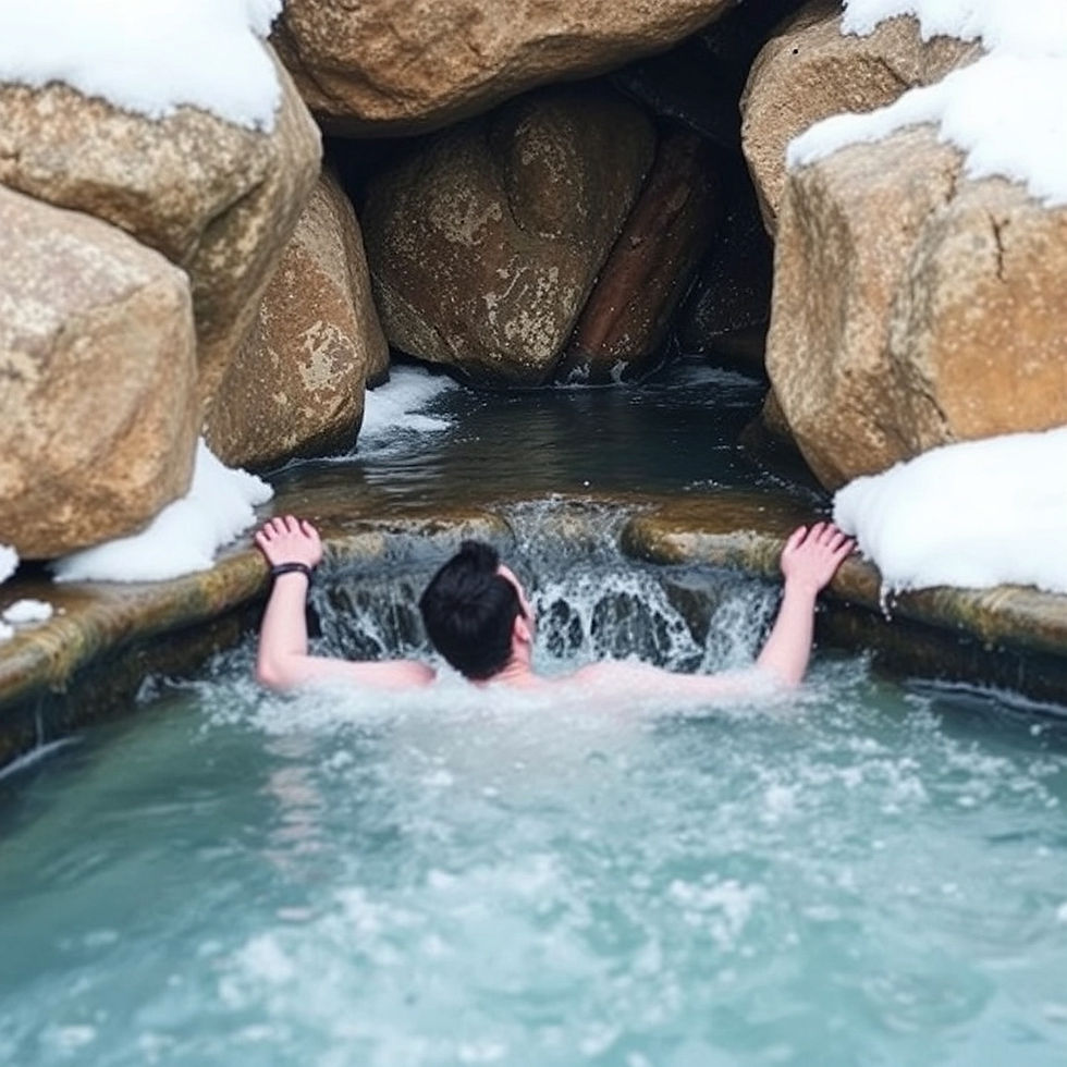 Person in cold plunge surrounded by snow-covered rocks, arms stretched on the edge, facing a small waterfall into a rocky cave. Relaxed mood.