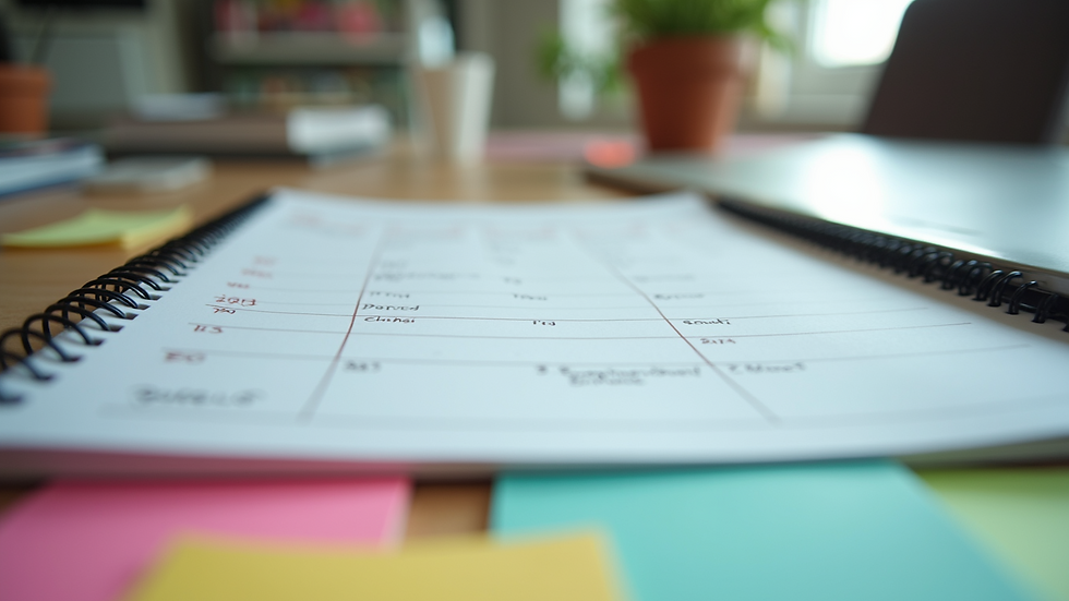 Eye-level view of a desk with a planner, calendar, and colorful sticky notes