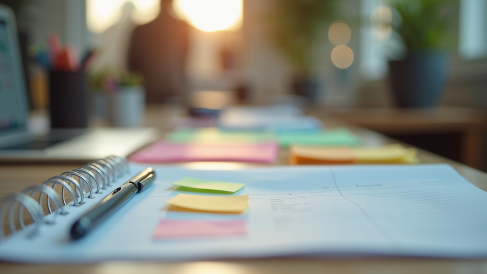 Eye-level view of a desk with a planner and colorful sticky notes