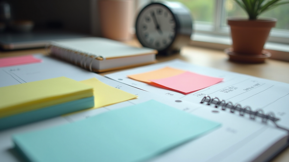 Eye-level view of a desk with a planner, timer, and colorful sticky notes