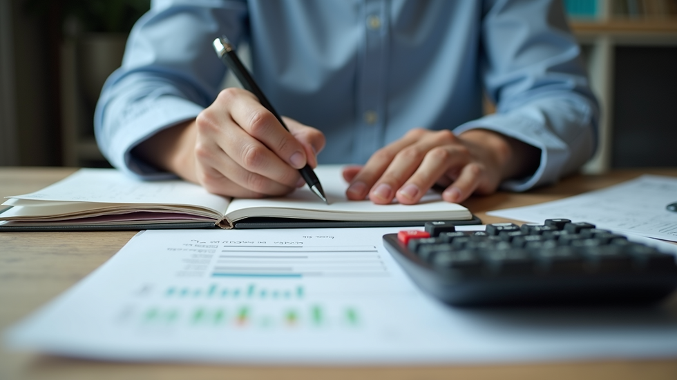 Eye-level view of a person writing in a notebook with a calculator and financial documents