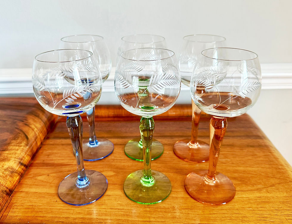 Thumbnail: *SOLD* Six Hock Wine Glasses with Coloured Stems