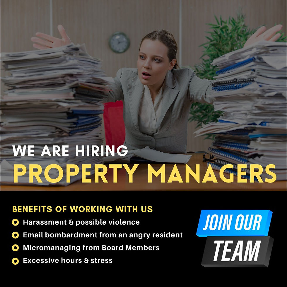 Frustrated property manager between tall stacks of paperwork with satirical job ad text