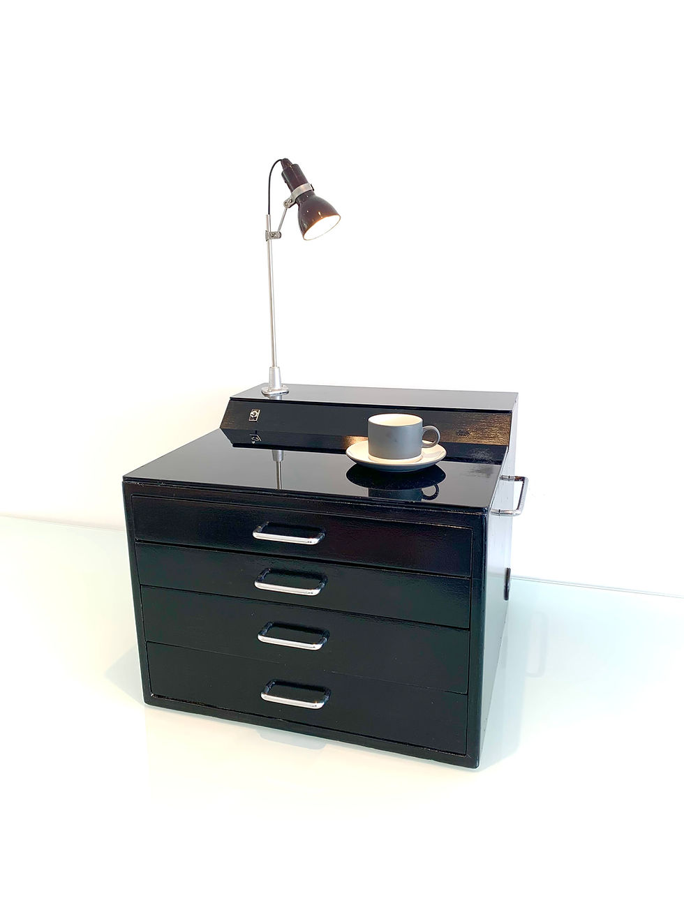 Thumbnail: Mid Century 1940's Watchmaker's Cabinet with black glass top