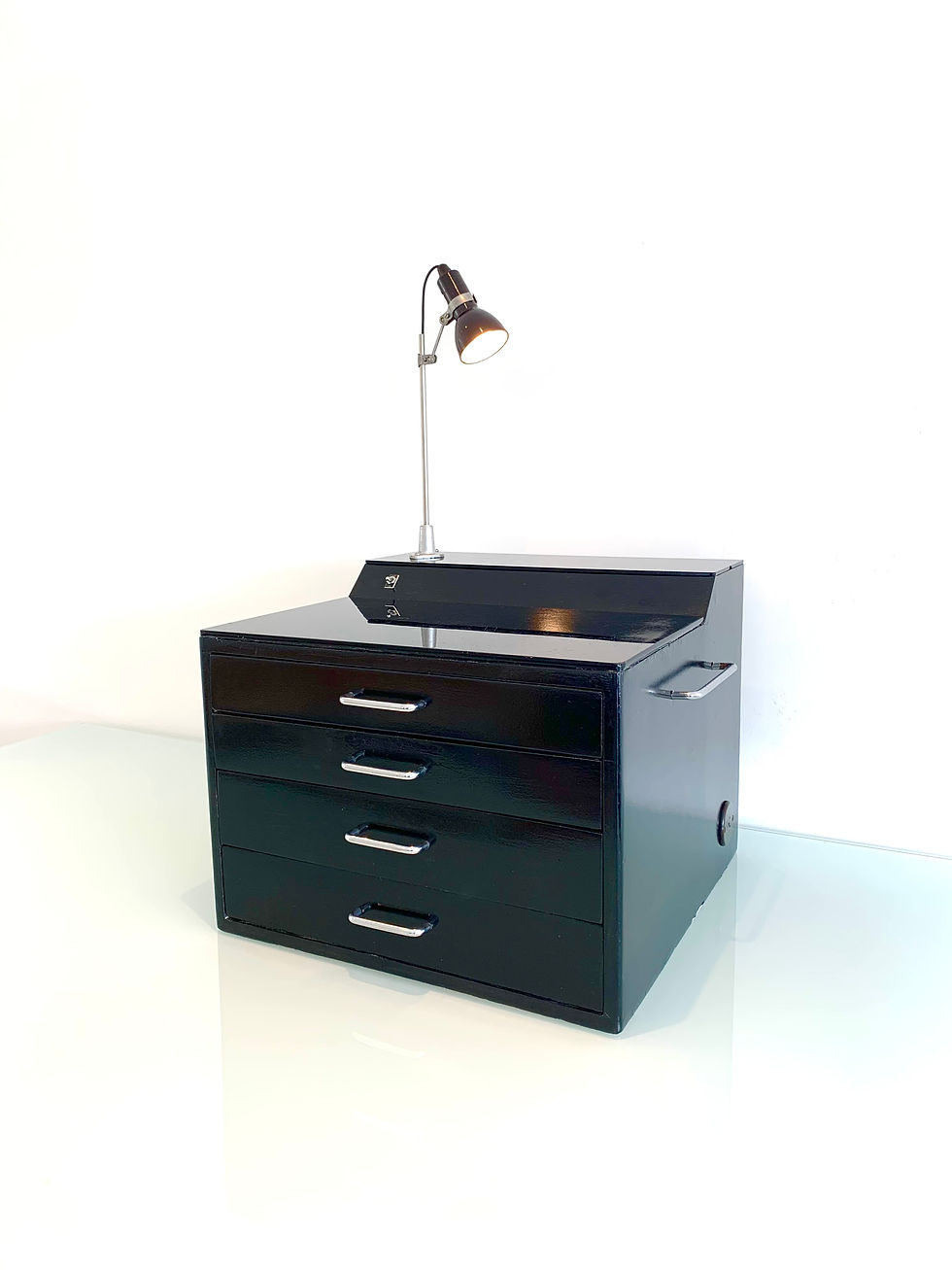 Thumbnail: Mid Century 1940's Watchmaker's Cabinet with black glass top